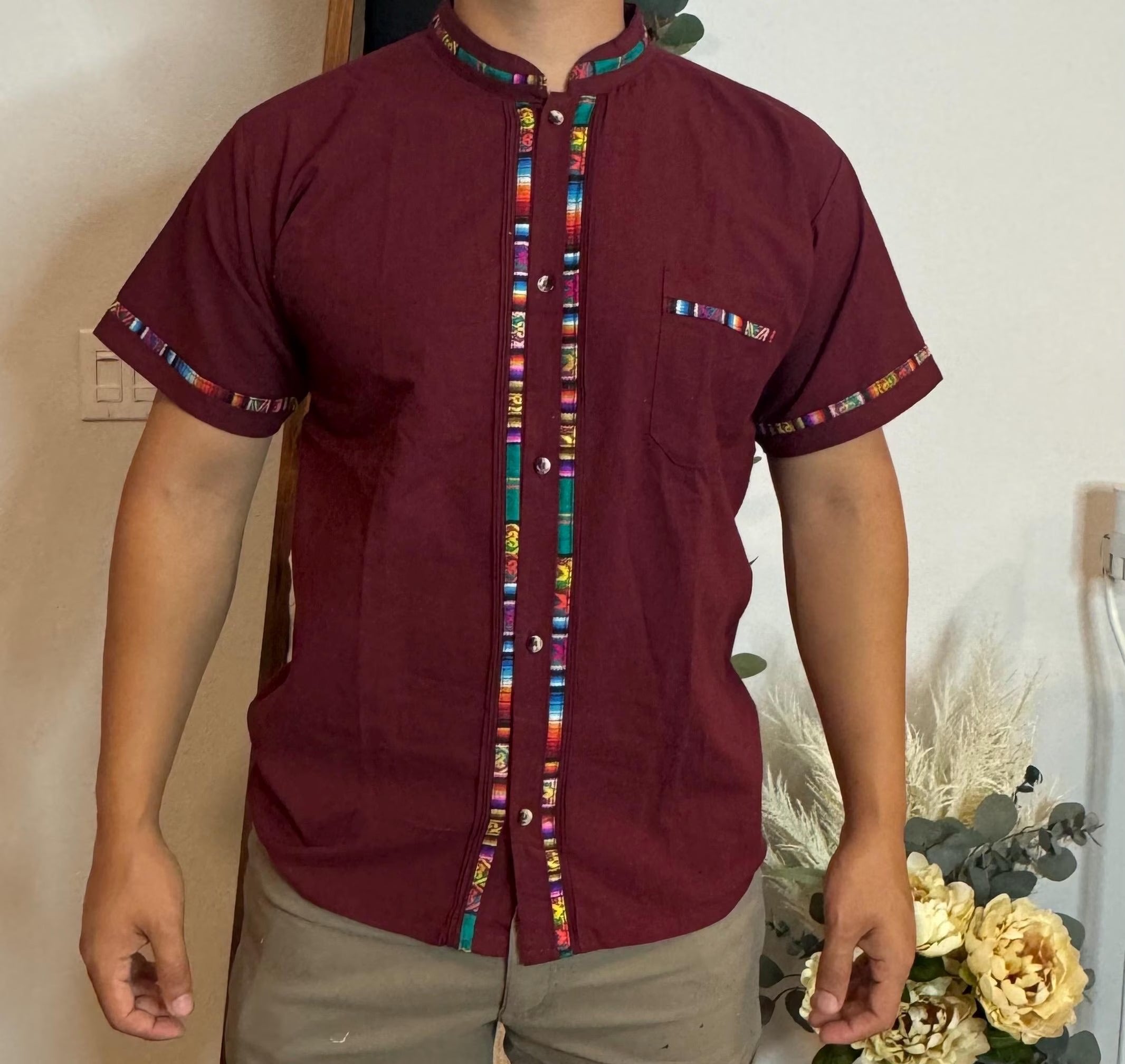 Handmade Mexican Cotton Shirt Burgundy Manta with Colorful Sarape Trim Men’s Short Sleeve Casual Guayabera Style