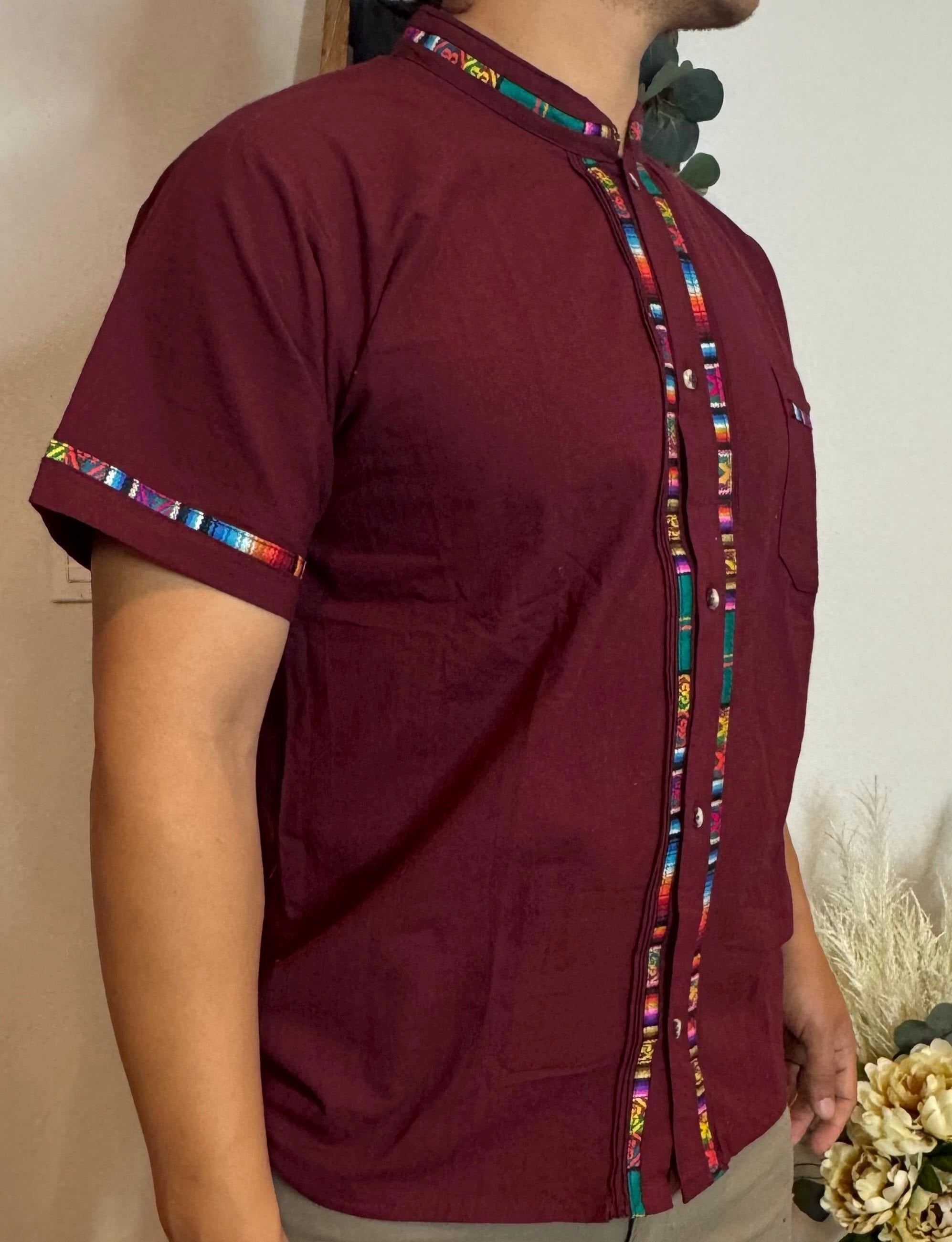 Handmade Mexican Cotton Shirt Burgundy Manta with Colorful Sarape Trim Men’s Short Sleeve Casual Guayabera Style