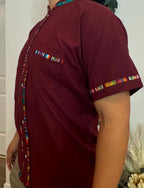 Handmade Mexican Cotton Shirt Burgundy Manta with Colorful Sarape Trim Men’s Short Sleeve Casual Guayabera Style