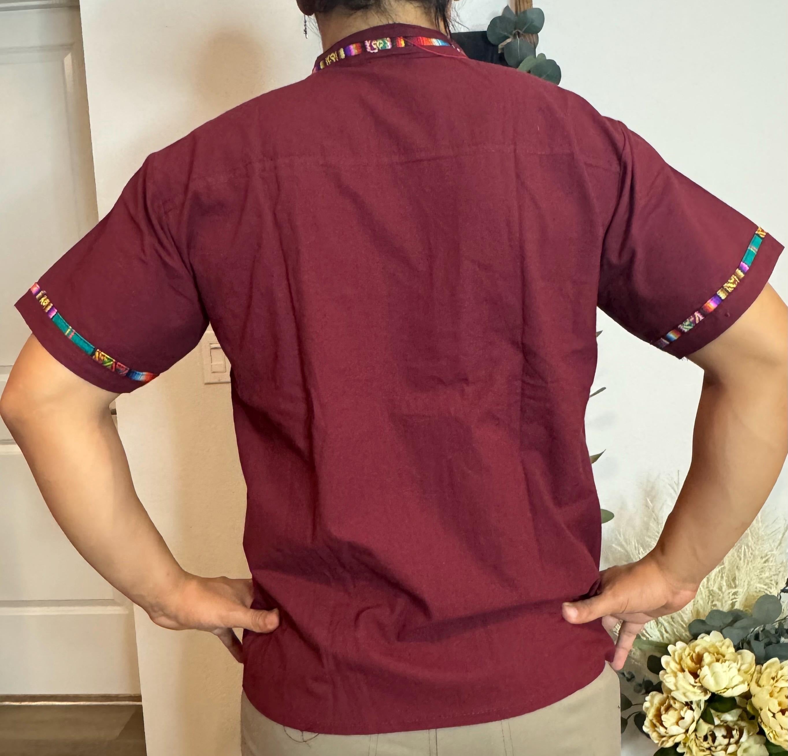 Handmade Mexican Cotton Shirt Burgundy Manta with Colorful Sarape Trim Men’s Short Sleeve Casual Guayabera Style