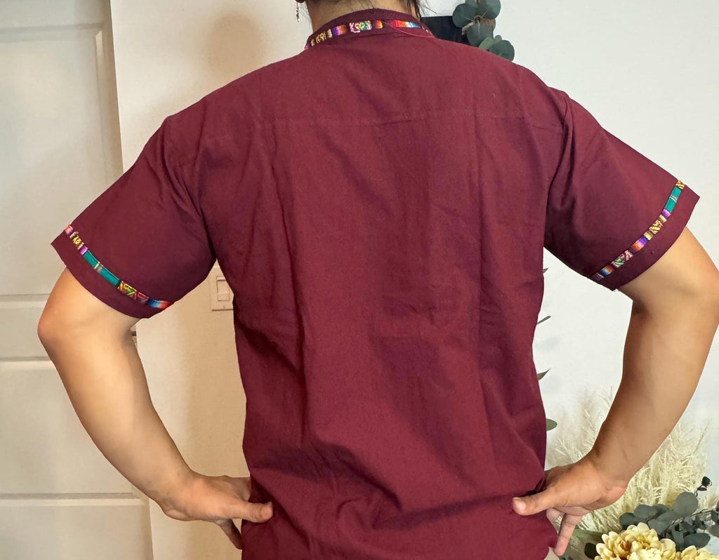 Handmade Mexican Cotton Shirt Burgundy Manta with Colorful Sarape Trim Men’s Short Sleeve Casual Guayabera Style