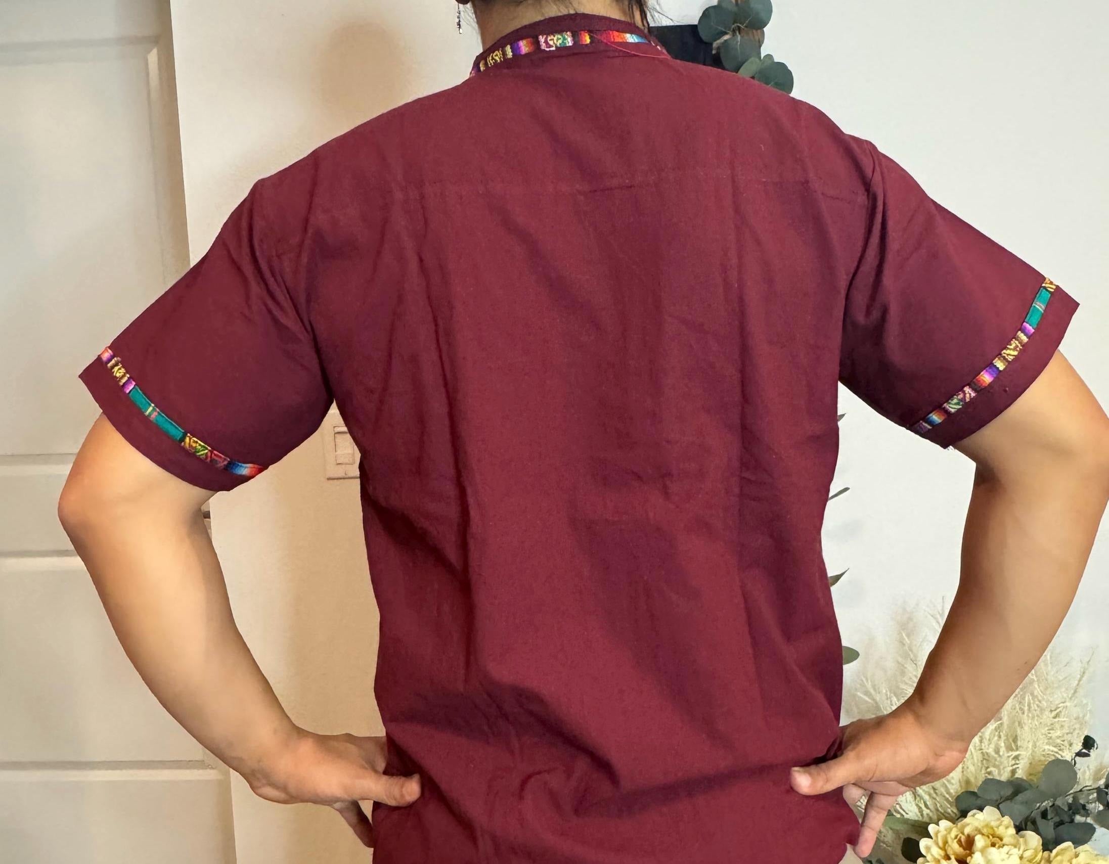 Handmade Mexican Cotton Shirt Burgundy Manta with Colorful Sarape Trim Men’s Short Sleeve Casual Guayabera Style