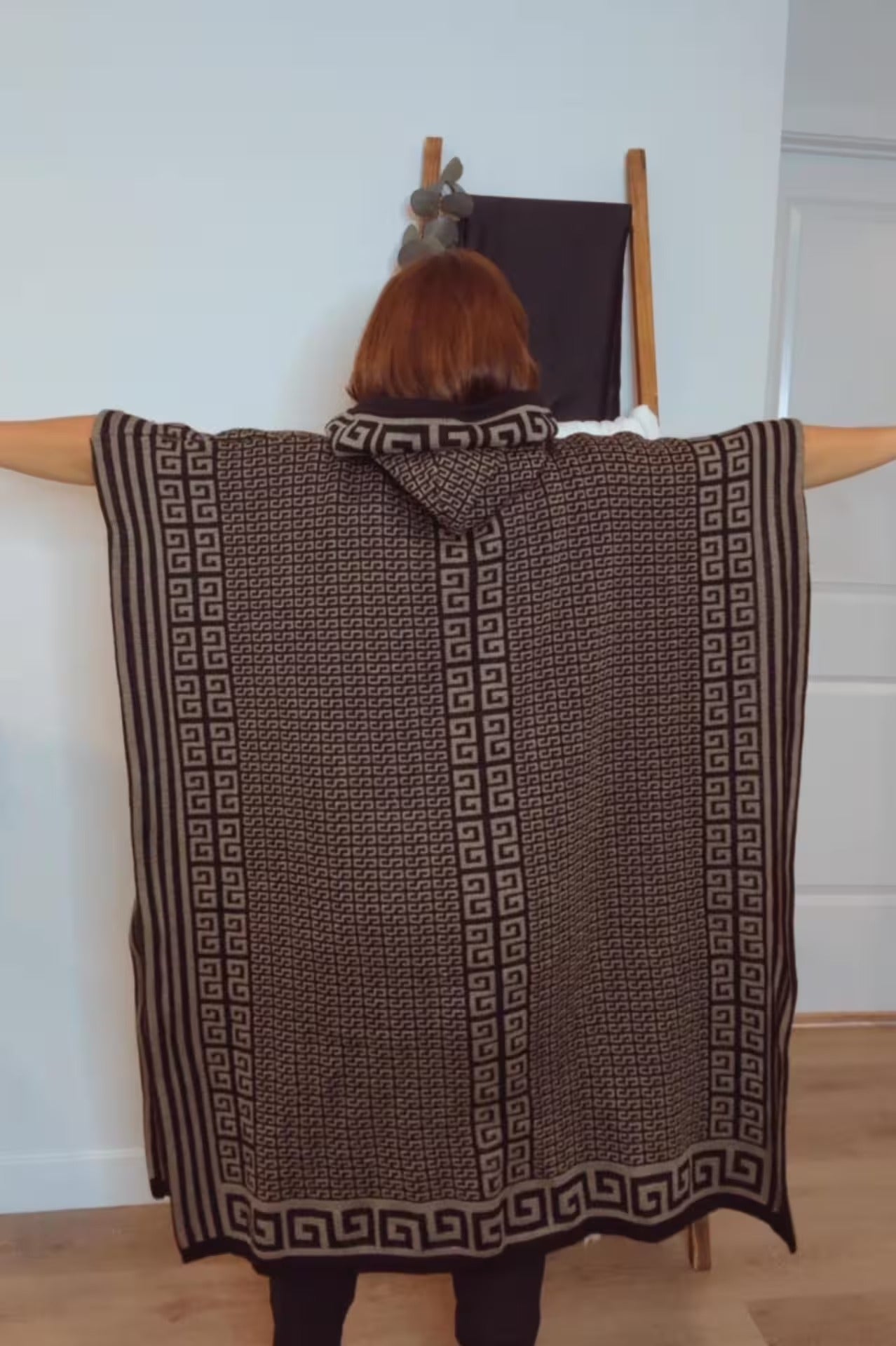 Handmade Mexican Poncho Wool Blend Geometric Pattern Poncho Unisex Artisan Cape with Greek Aztec Design