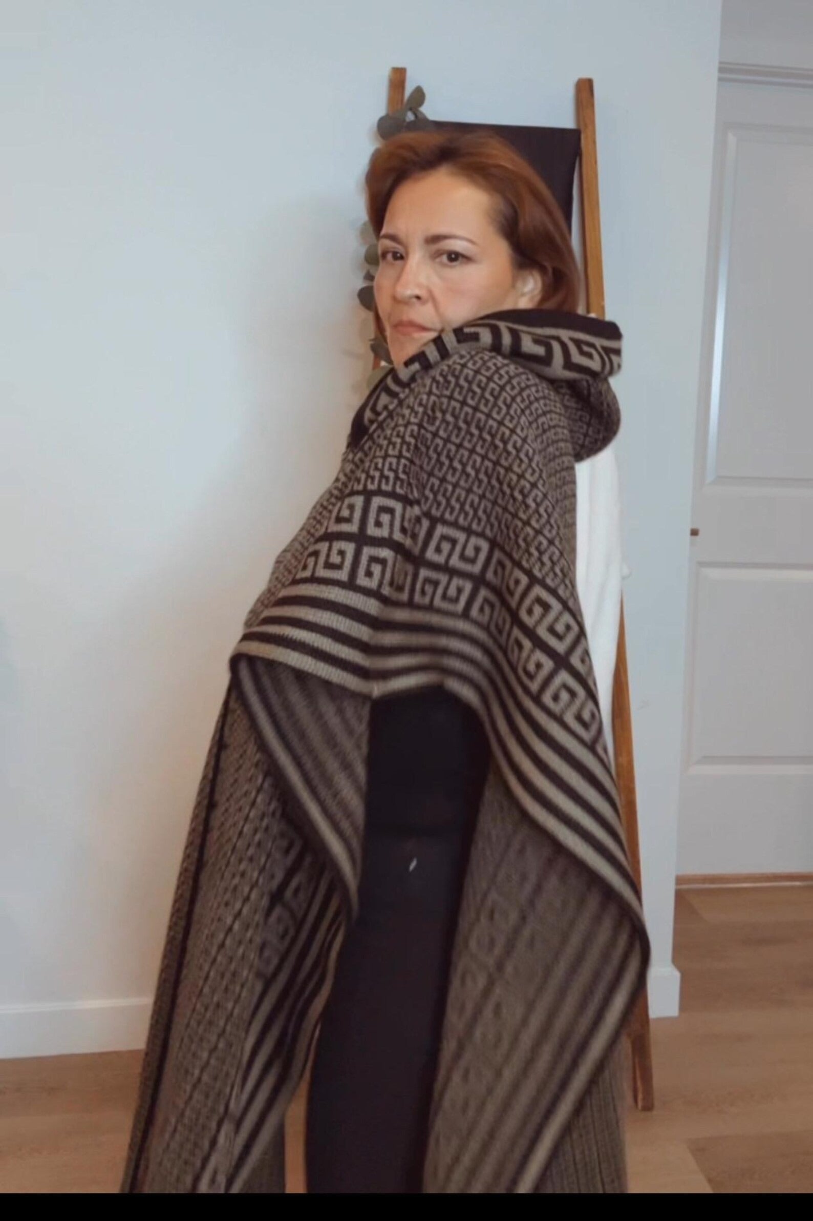 Handmade Mexican Poncho Wool Blend Geometric Pattern Poncho Unisex Artisan Cape with Greek Aztec Design