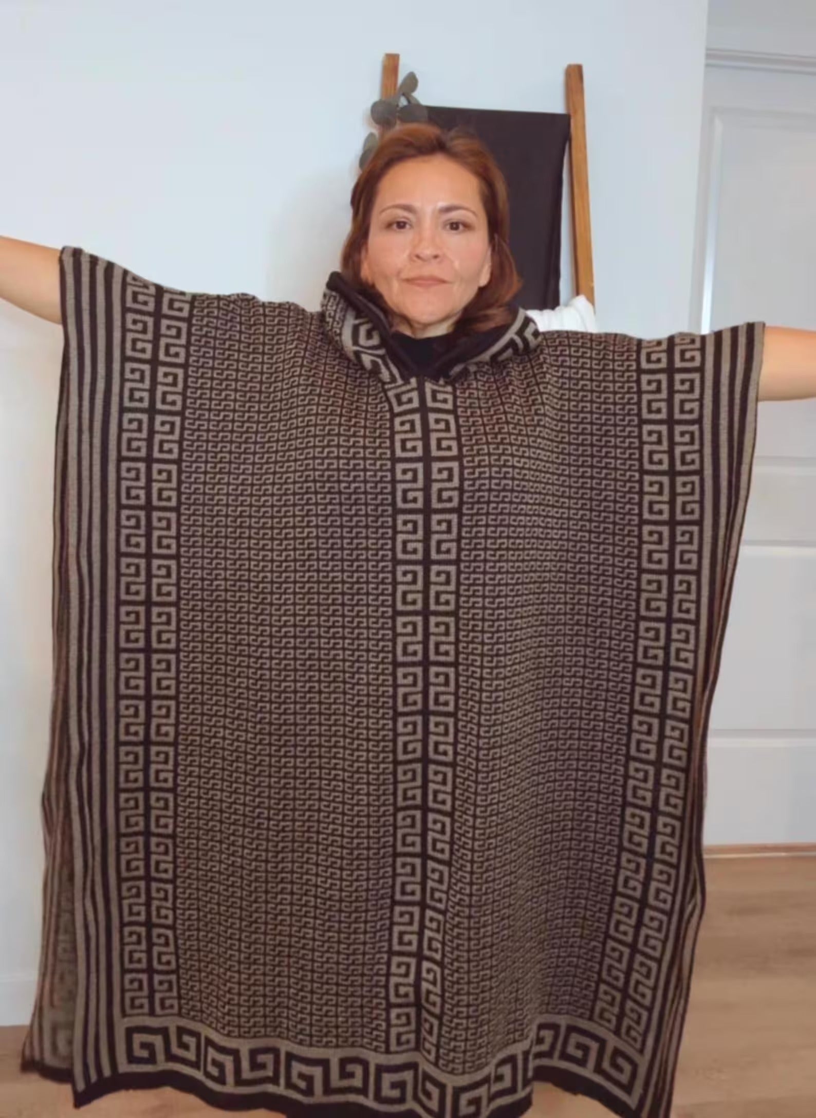 Handmade Mexican Poncho Wool Blend Geometric Pattern Poncho Unisex Artisan Cape with Greek Aztec Design