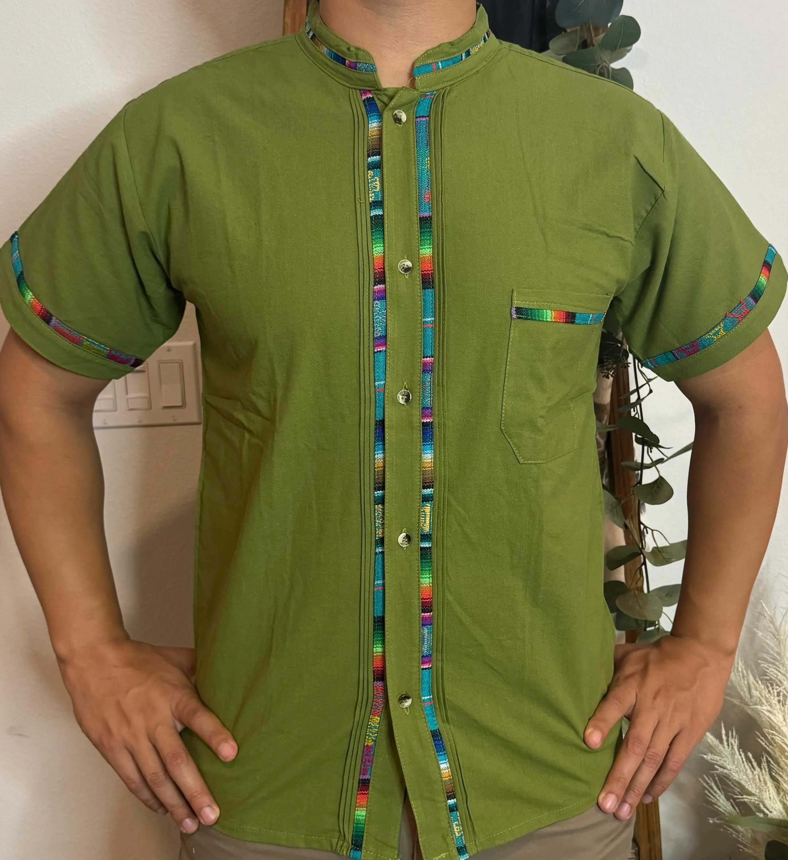 Handmade Mexican Cotton Shirt – Light Military Green Manta with Colorful Sarape Trim Men Short Sleeve Casual Guayabera Style