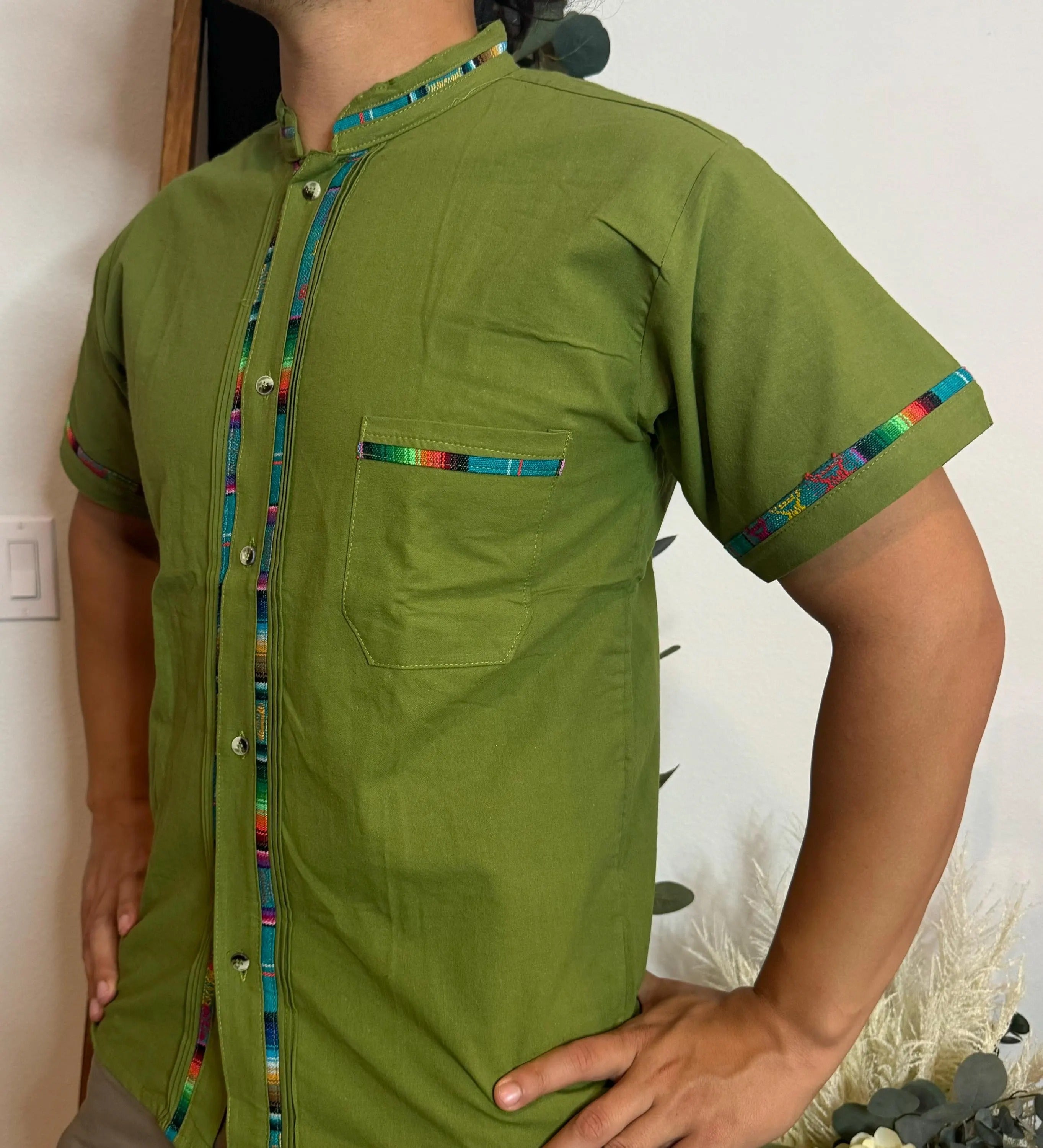 Handmade Mexican Cotton Shirt – Light Military Green Manta with Colorful Sarape Trim Men Short Sleeve Casual Guayabera Style