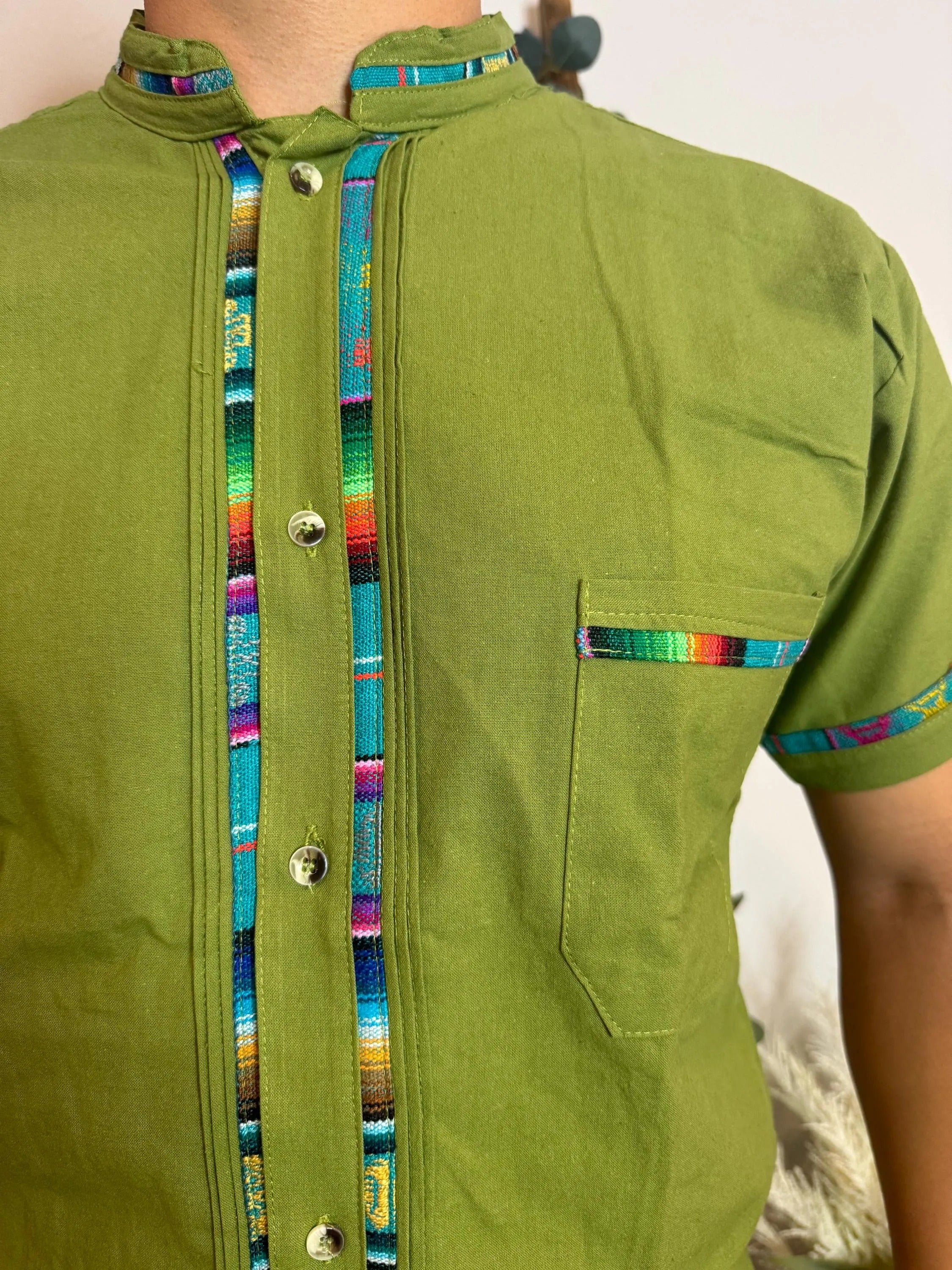 Handmade Mexican Cotton Shirt – Light Military Green Manta with Colorful Sarape Trim Men Short Sleeve Casual Guayabera Style