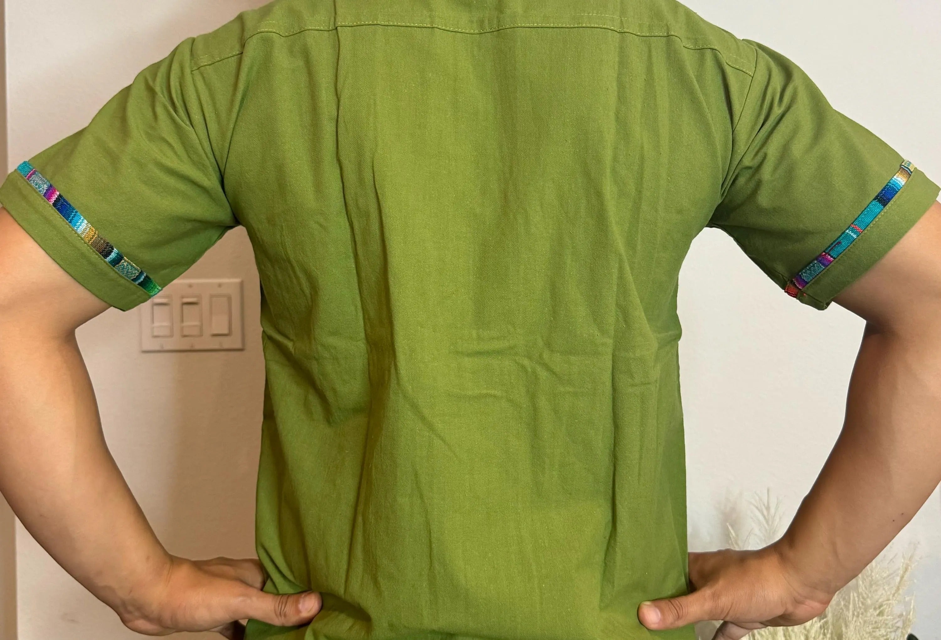 Handmade Mexican Cotton Shirt – Light Military Green Manta with Colorful Sarape Trim Men Short Sleeve Casual Guayabera Style