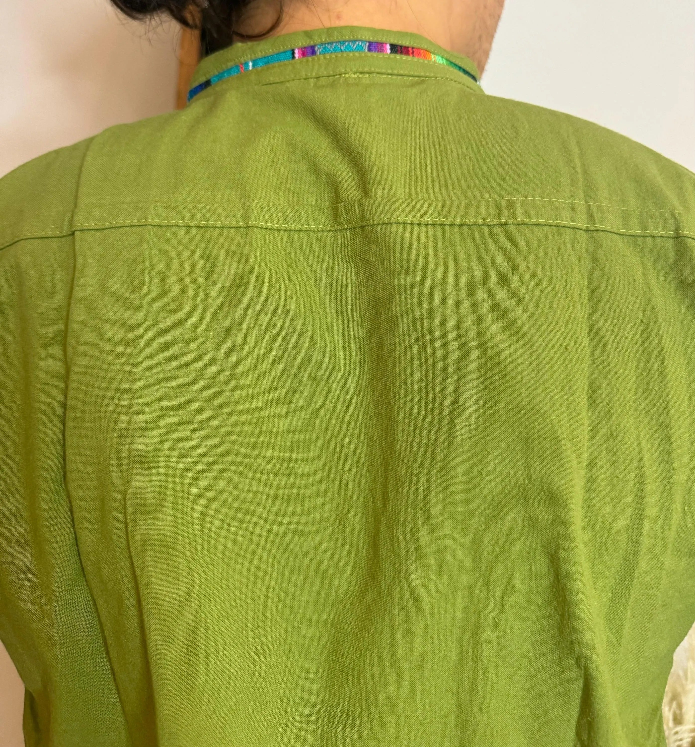 Handmade Mexican Cotton Shirt – Light Military Green Manta with Colorful Sarape Trim Men Short Sleeve Casual Guayabera Style