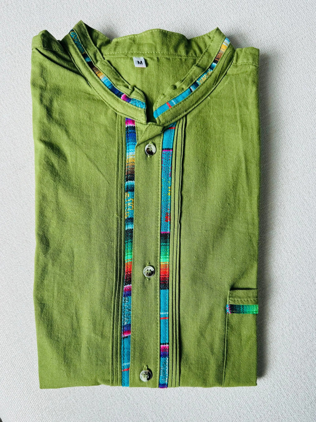Handmade Mexican Cotton Shirt – Light Military Green Manta with Colorful Sarape Trim Men Short Sleeve Casual Guayabera Style