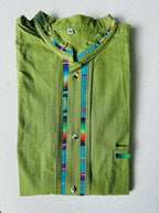Handmade Mexican Cotton Shirt – Light Military Green Manta with Colorful Sarape Trim Men Short Sleeve Casual Guayabera Style