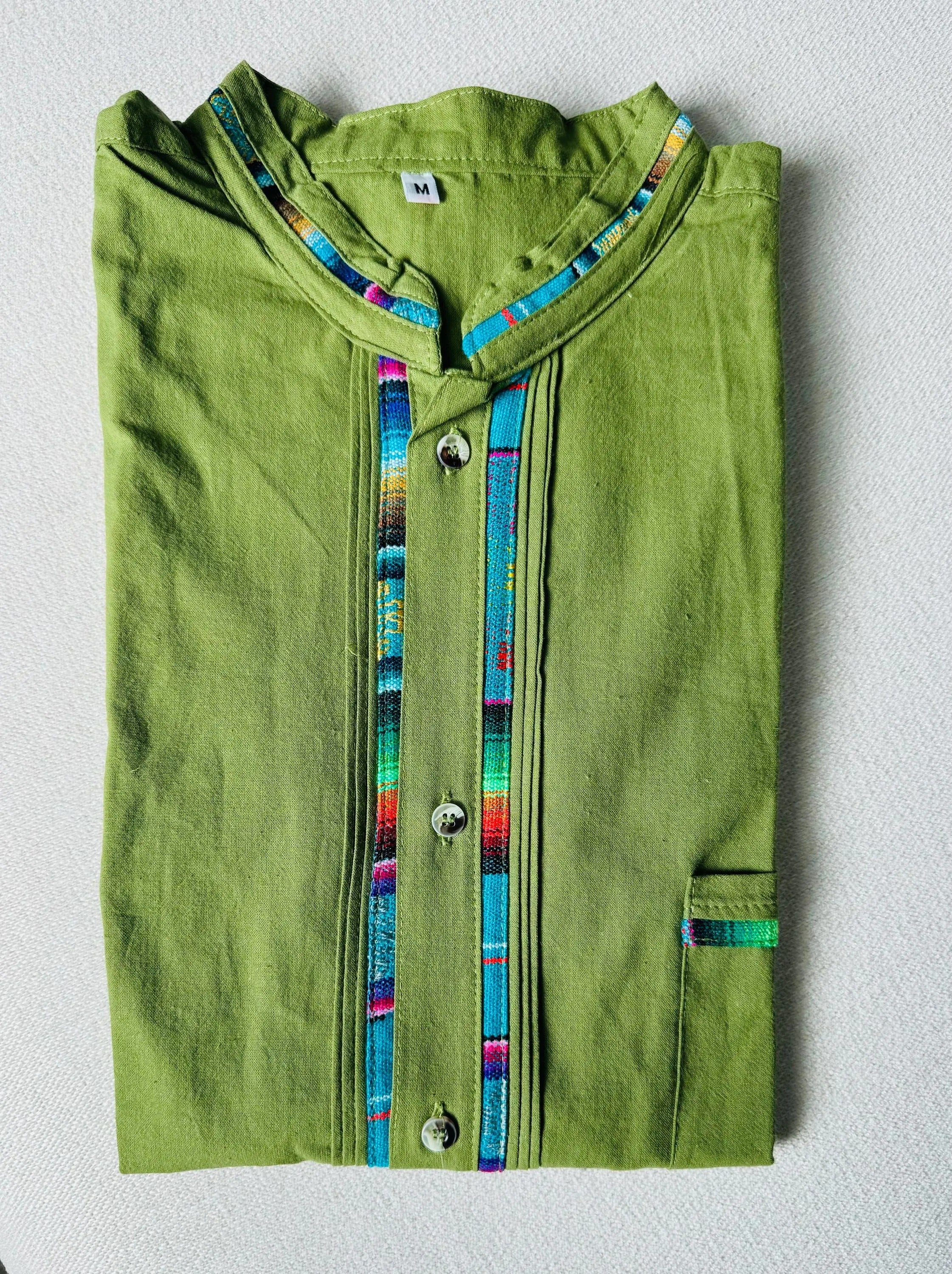 Handmade Mexican Cotton Shirt – Light Military Green Manta with Colorful Sarape Trim Men Short Sleeve Casual Guayabera Style